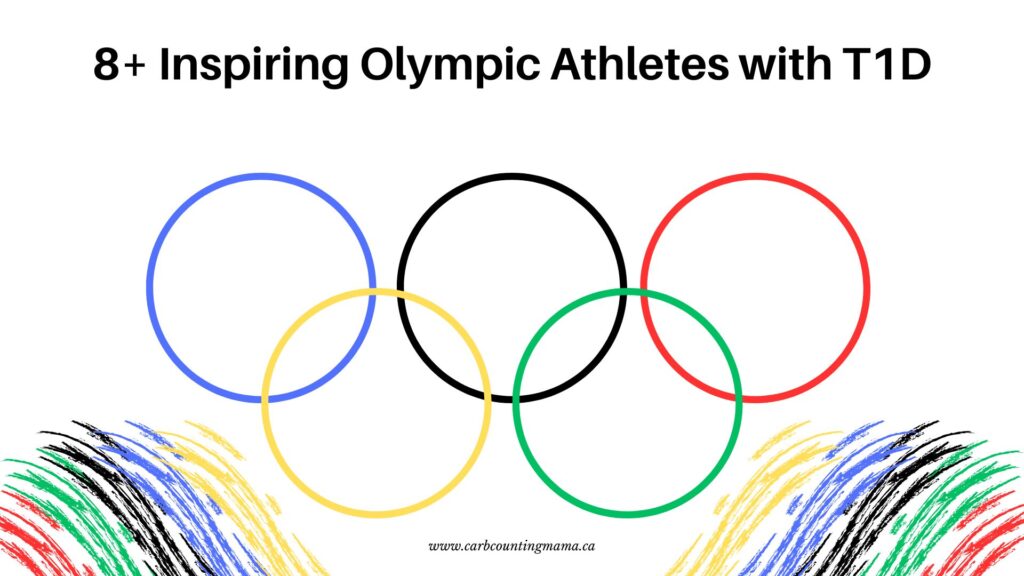 White background black writing: "8+ Inspiring Olympic Athletes with T1D"

Olympic rings in the middle of image, paint strokes of Olympic ring colours in the bottom corners. Bottom middle in black reads: "www.carbcountingmama.ca"